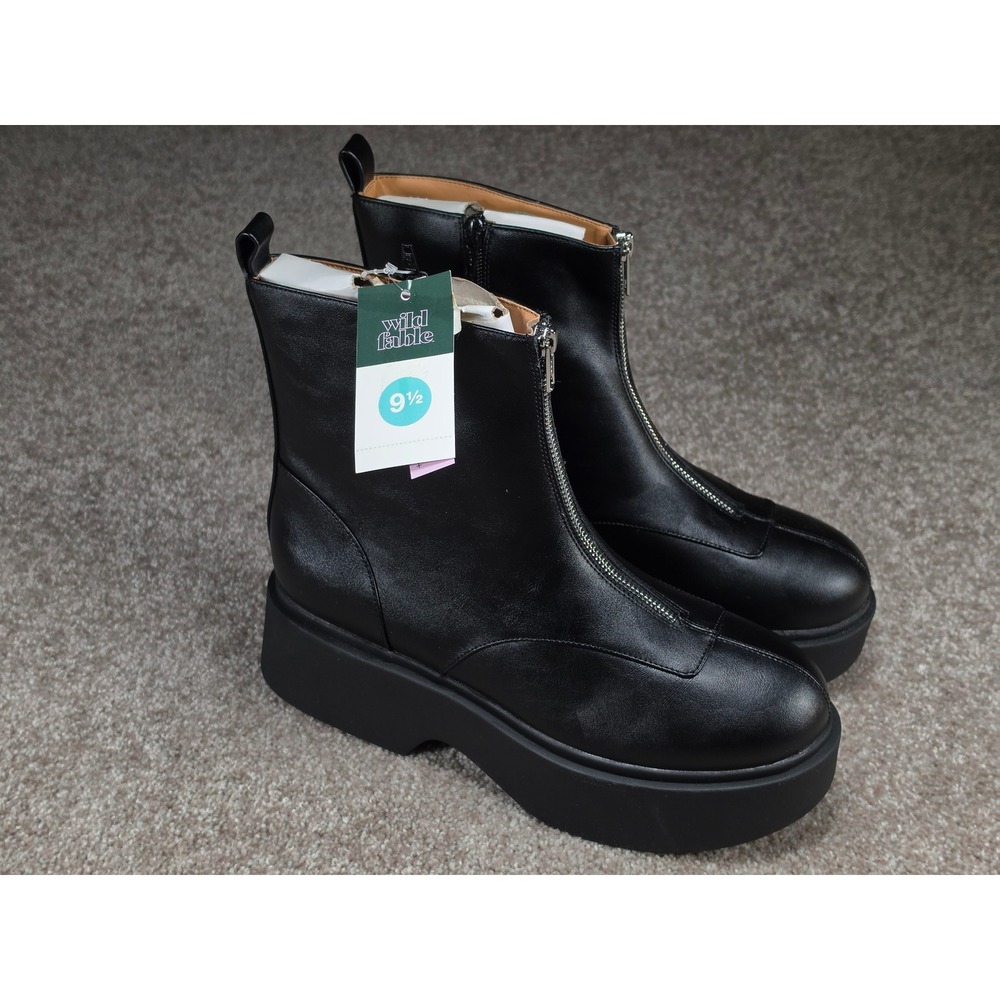 Wild Fable Honor Black Front Zip Platform Ankle Boots Memory Foam Womens 9.5 New